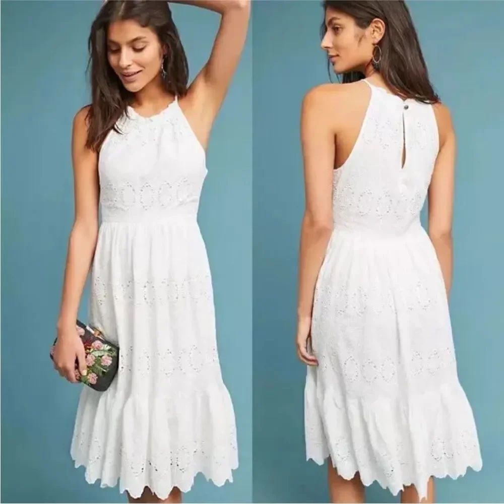Maeve Tiered Eyelet Midi Dress White Women’s SIZE 4P